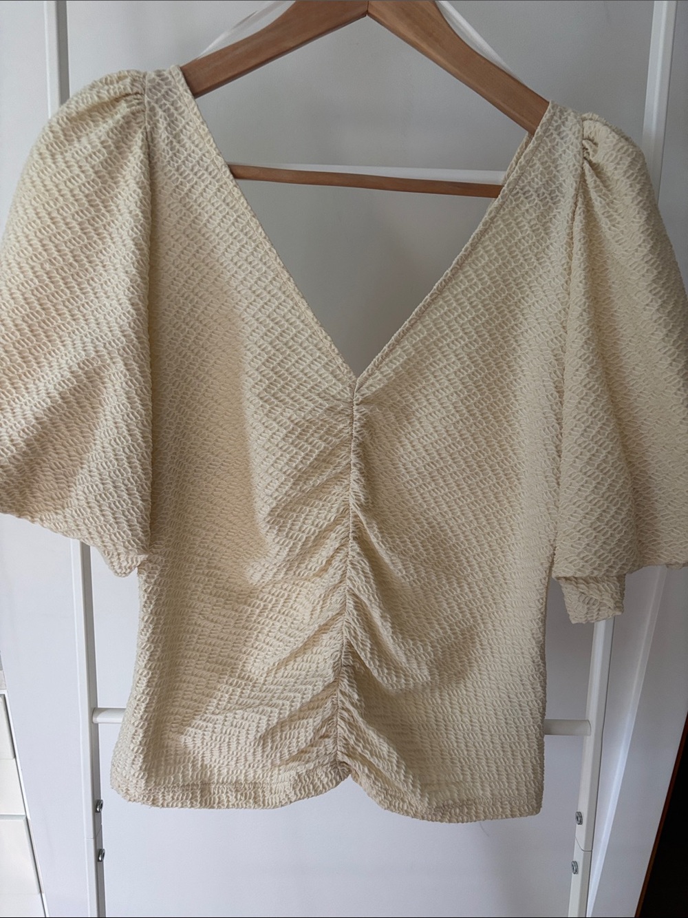 Free People Cream Textured V-Neck Puff Sleeve Top